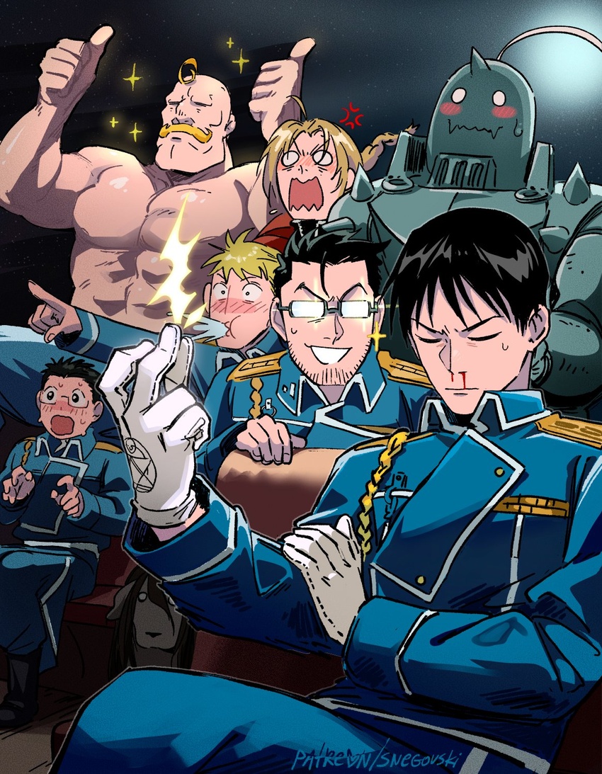 6+boys aiguillette alex_louis_armstrong alphonse_elric amestris_military_uniform anger_vein armor aroused bald black_eyes black_hair blonde_hair blood blue_jacket blue_pants blush blush_stickers braid braided_ponytail closed_eyes closed_mouth collared_jacket commentary double_thumbs_up edward_elric english_commentary facial_hair full_armor fullmetal_alchemist glasses gloves handlebar_mustache highres indoors jacket jean_havoc kain_fuery maes_hughes male_focus military military_jacket military_uniform moustache multiple_boys muscular muscular_male nosebleed opaque_glasses open_mouth outstretched_arm pants patreon_username pointing roy_mustang short_hair shou_tucker's_chimera sitting smile snapping_fingers snegovski solid_circle_eyes sparkle spiked_hair stubble sweatdrop thumbs_up topless_male uniform wavy_mouth white_gloves wide-eyed