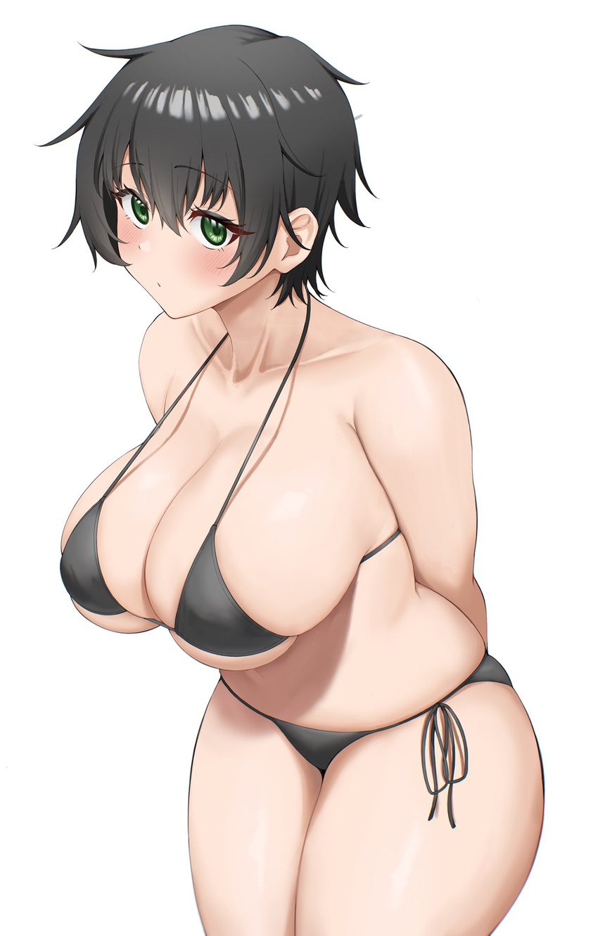 arms_behind_back bikini black_bikini black_hair blush breasts closed_mouth collarbone commentary cowboy_shot curvy female green_eyes hair_between_eyes highres large_breasts original period_(anony_83) short_sleeves side-tie_bikini_bottom simple_background skindentation solo strap_gap swimsuit translated white_background