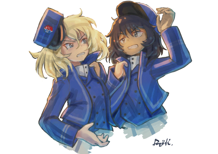 2girls andou_(girls_und_panzer) bc_freedom_(emblem) bc_freedom_military_uniform black_hair blonde_hair blue_eyes clenched_teeth clothes_grab dark-skinned_female dark_skin emblem girls_und_panzer hair_between_eyes highres kuroneko_douji medium_hair multiple_girls oshida_(girls_und_panzer) side-by-side signature tan teeth tsurime upper_body