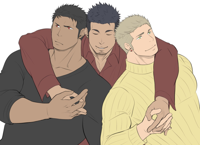 3boys arm_around_shoulder bara black_hair black_shirt blonde_hair blush boy_sandwich closed_eyes collarbone dark-skinned_male dark_skin ear_piercing facial_hair green_eyes group_sex holding_hands interlocked_fingers interracial large_pectorals looking_to_the_side male_focus mmm_threesome multiple_boys muscular muscular_male original pectorals piercing porkjinta red_eyes red_shirt sandwiched shirt short_hair sideburns sleeves_rolled_up smile stubble sweater threesome undercut white_sweater yaoi