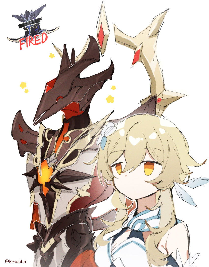 2boys ^_^ absurdres abyss_herald_(genshin_impact) abyss_lector_(genshin_impact) armor bare_shoulders blonde_hair breasts closed_eyes commentary dress enjou_(genshin_impact) feather_hair_ornament feathers female flower genshin_impact hair_flower hair_ornament helmet highres kradebii lumine_(genshin_impact) medium_breasts multiple_boys scarf short_hair_with_long_locks simple_background upper_body white_background white_dress white_flower white_scarf yellow_eyes