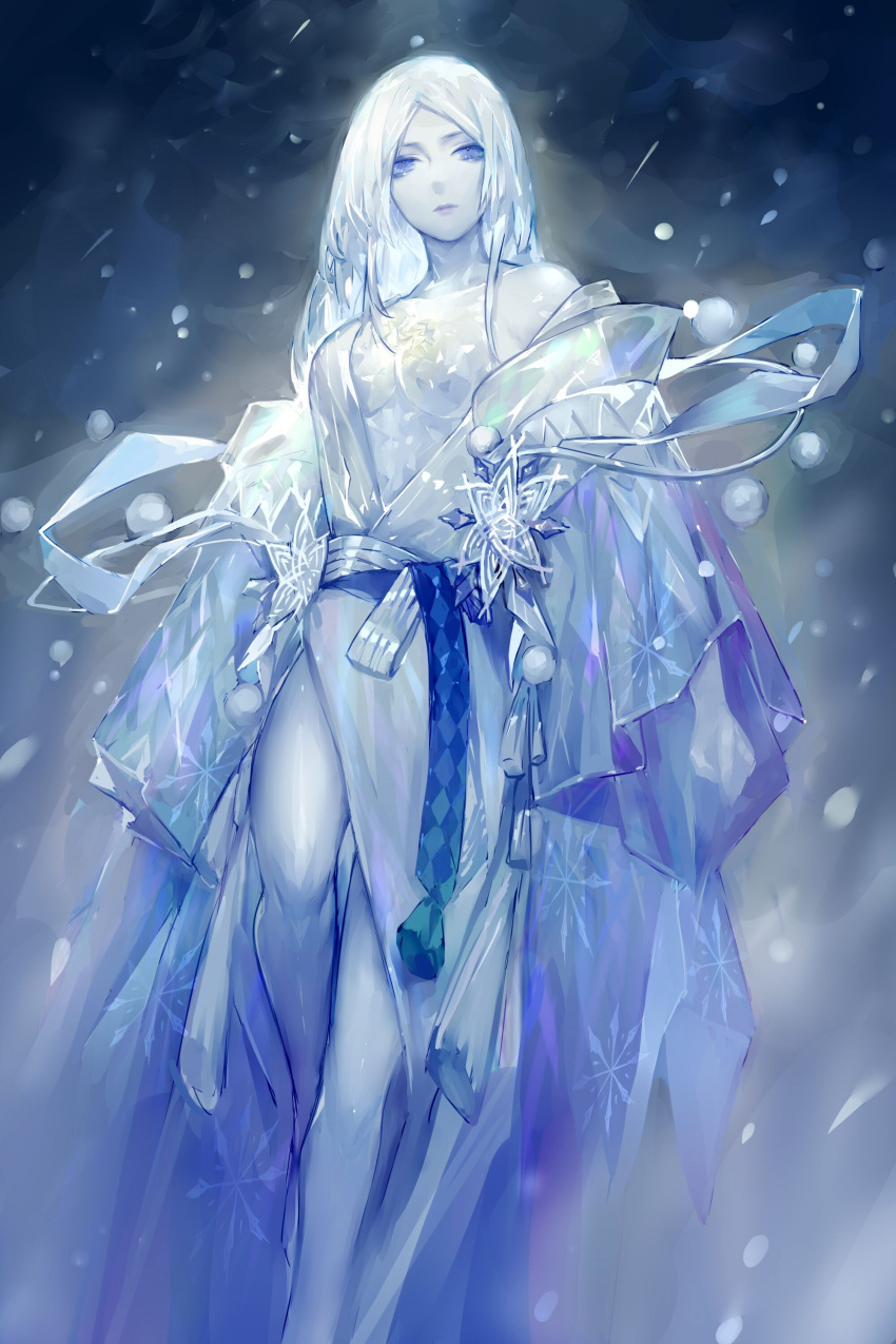 absurdres blue_eyes blue_skin blue_theme breasts cleavage closed_mouth colored_skin cracked_skin crystal_skin feet_out_of_frame female highres ice japanese_clothes kimono long_hair long_sleeves looking_at_viewer loose_clothes molin no_nipples off_shoulder one_breast_out onmyoji semigoori_yuki_onna shawl snowflake_ornament snowing solo standing standing_on_one_leg white_hair white_kimono yuki_onna yuki_onna_(onmyoji)