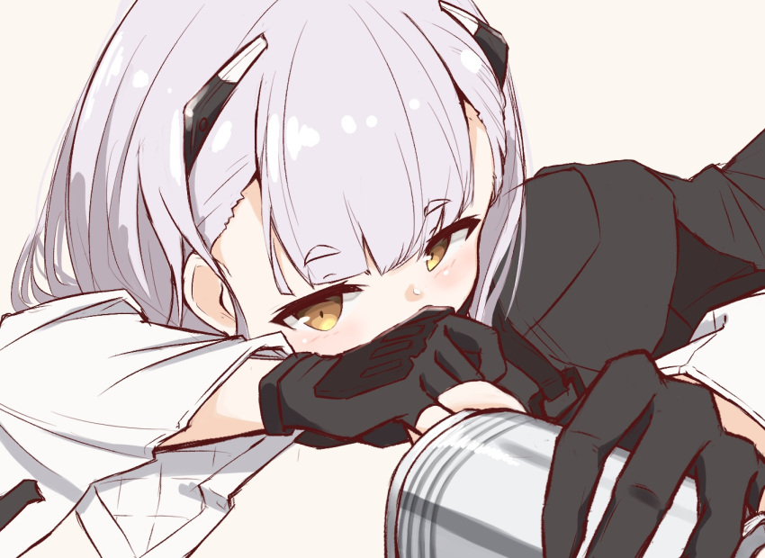 ak-alfa_(girls'_frontline) bad_id bad_pixiv_id black_gloves black_jacket blush brown_background brown_eyes can commentary_request covered_mouth female girls'_frontline gloves grey_hair headgear holding holding_can jacket looking_at_viewer matsuo_(matuonoie) partially_fingerless_gloves simple_background solo thick_eyebrows