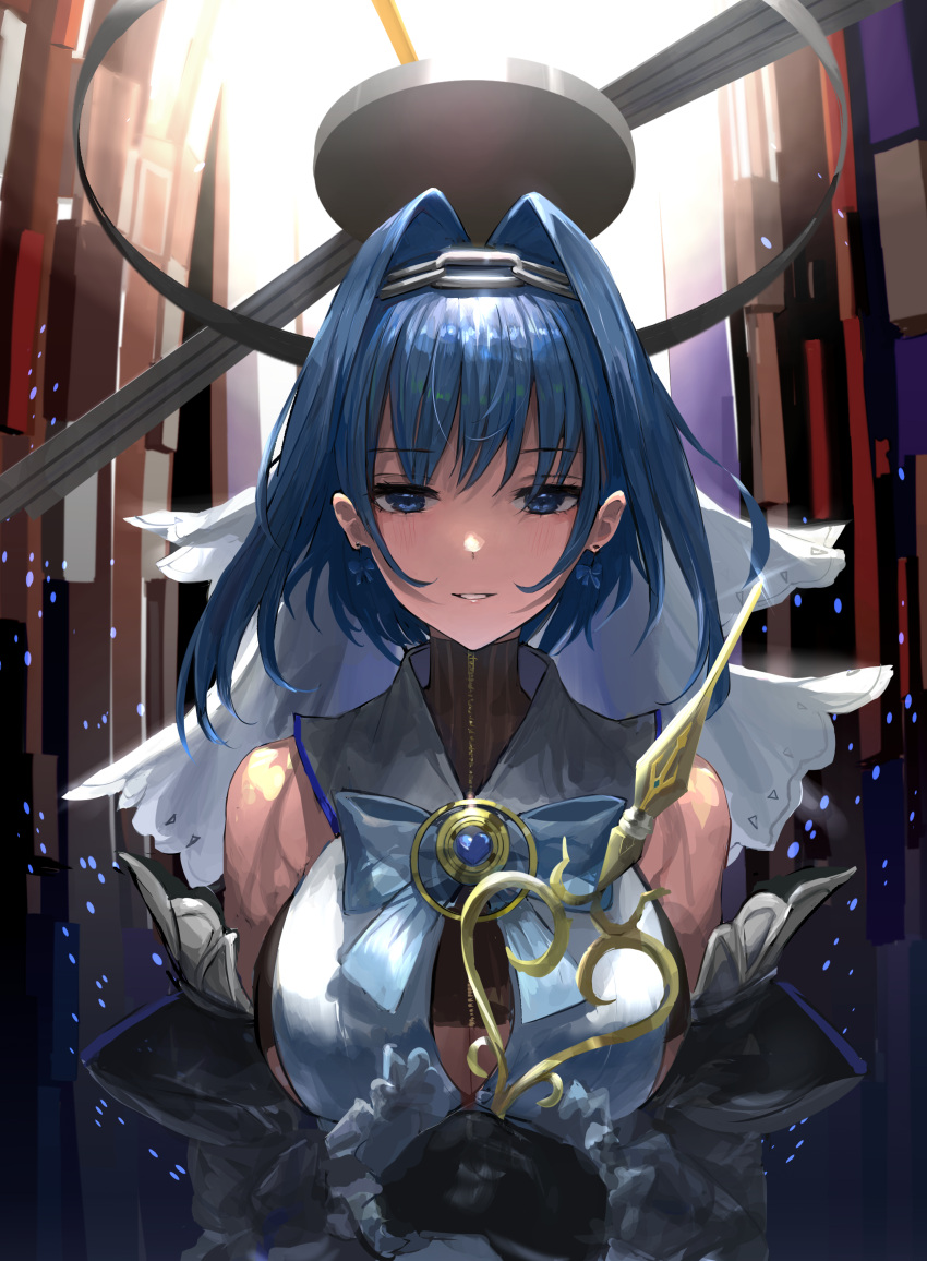 absurdres bare_shoulders black_gloves blue_eyes blue_hair blush bodysuit bow bowtie breasts chains chan1moon cleavage_cutout clothing_cutout detached_collar detached_sleeves earrings female gloves hair_intakes hairband halo highres hololive hololive_english jewelry large_breasts looking_at_viewer neck_ribbon ouro_kronii ouro_kronii_(1st_costume) own_hands_together parted_lips ribbon short_hair smile solo turtleneck upper_body veil virtual_youtuber