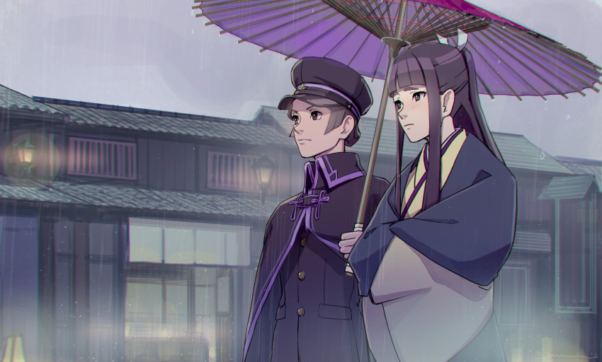 2girls ayu161 black_eyes black_hair black_headwear black_jacket blunt_bangs building cloak closed_mouth crossdressing grey_sky gyakuten_saiban hat highres holding holding_umbrella jacket japanese_clothes kimono looking_away multiple_girls oil-paper_umbrella outdoors purple_cloak rain rei_membami ryutaro_naruhodo shared_umbrella short_hair sidelocks sky susato_mikotoba the_great_ace_attorney the_great_ace_attorney_2:_resolve umbrella wide_sleeves yellow_kimono