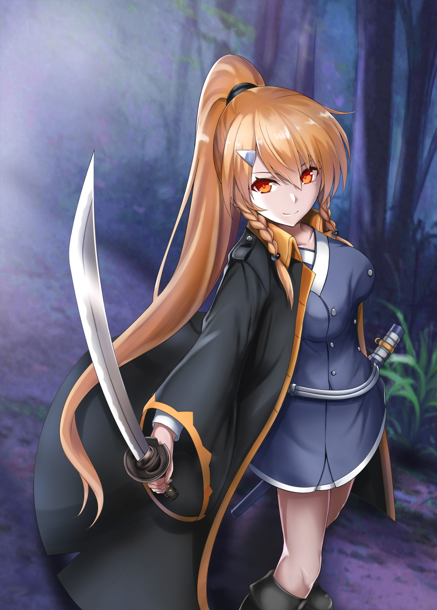 absurdres black_coat boots braid breasts brown_eyes brown_hair buttons coat collarbone commentary_request female hair_between_eyes hair_ornament hairclip high_ponytail highres holding holding_sword holding_weapon katana kijinmaru_kunishige_(tenka_hyakken) knee_boots long_hair long_sleeves medium_breasts nagishy open_clothes open_coat sheath side_braid skirt solo sword tenka_hyakken weapon