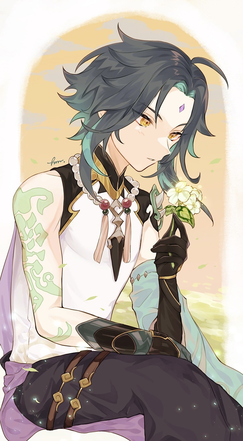 1boy arm_tattoo bead_necklace beads black_hair facial_mark flower forehead_mark genshin_impact gloves green_hair highres holding holding_flower jewelry male_focus multicolored_hair necklace necktie parted_lips protected_link signature simple_background sitting solo tamamura_(tmmr5) tassel tattoo white_flower xiao_(genshin_impact) yellow_eyes