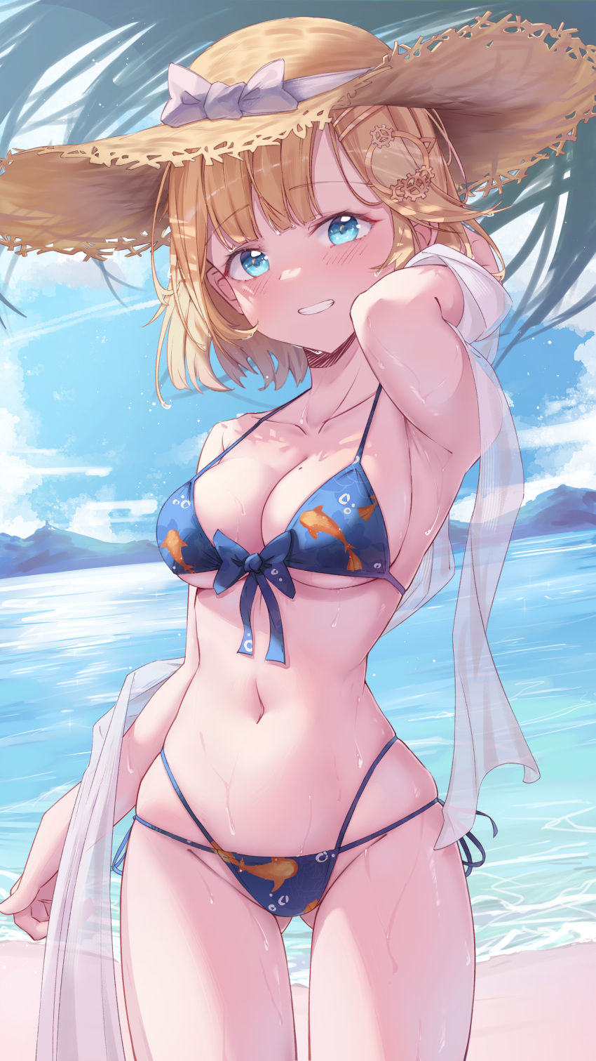 absurdres armpits bare_shoulders beach bikini blonde_hair blue_eyes bob_cut breasts collarbone commentary female grin hair_ornament halterneck hat highres hololive hololive_english looking_at_viewer medium_breasts medium_hair midriff mole mole_on_breast navel outdoors sand shawl shironekokfp side-tie_bikini_bottom smile solo straw_hat string_bikini sun_hat swimsuit virtual_youtuber water watson_amelia wet