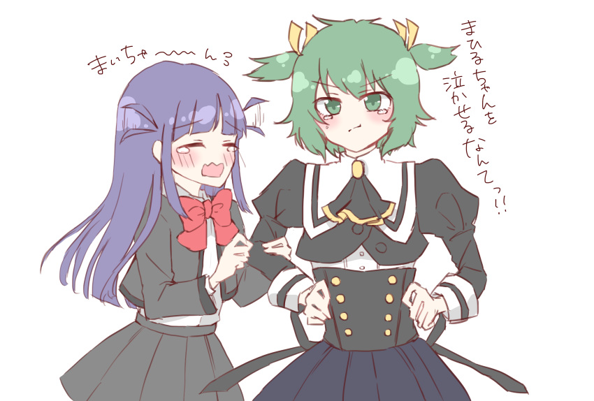 2girls absurdres amahara_nue assault_lily blue_hair crossover green_hair hairband height_difference highres iwata_haruki md5_mismatch multiple_girls school_uniform shoujo_kageki_revue_starlight tsuyuzaki_mahiru twintails voice_actor_connection yellow_hairband yoshimura_thi_mai