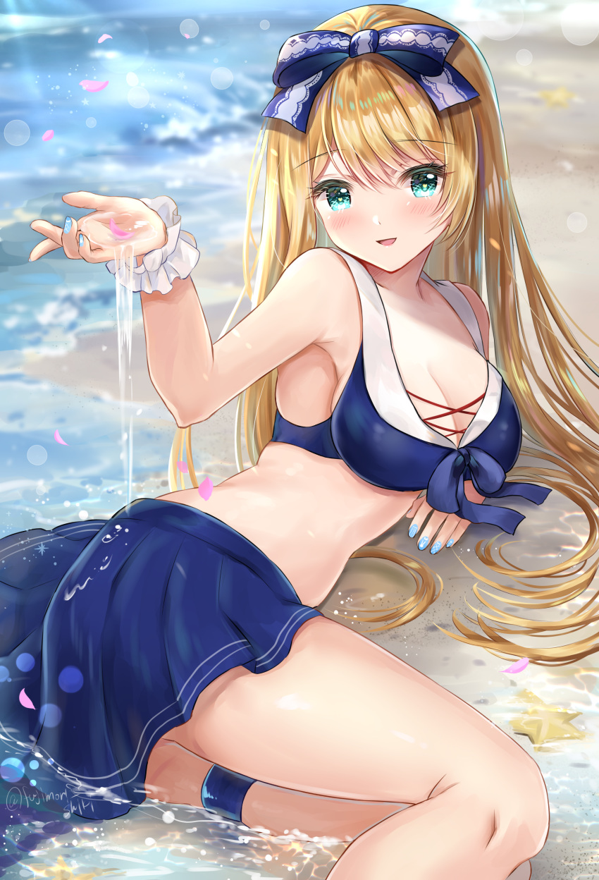 absurdres aqua_eyes arm_up armpits bare_shoulders beach bikini bikini_skirt blonde_hair blue_bikini blue_bow blue_nails blue_skirt blurry bokeh bow breasts cleavage day depth_of_field emu_alice female fujimori_shiki hairbow highres large_breasts liver_city long_hair looking_at_viewer midriff miniskirt nail_polish open_mouth petals sailor_bikini sailor_collar skirt smile solo starfish sunlight swimsuit thigh_strap thighs very_long_hair water wet wrist_cuffs