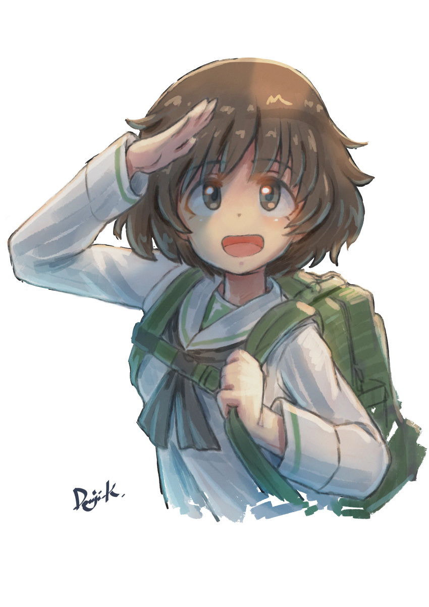 :d absurdres akiyama_yukari backpack bag brown_eyes brown_hair commentary_request female girls_und_panzer highres holding_strap kuroneko_douji looking_at_viewer ooarai_school_uniform open_mouth salute school_uniform short_hair signature simple_background smile solo upper_body white_background