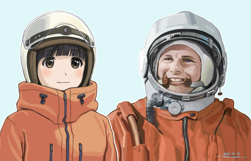 1boy astronaut black_hair blue_background blue_eyes brown_eyes closed_mouth color_connection commentary dated female helmet horikou koguma_(super_cub) look-alike mixed-language_commentary real_life russian_commentary signature simple_background smile space_helmet super_cub yuri_gagarin