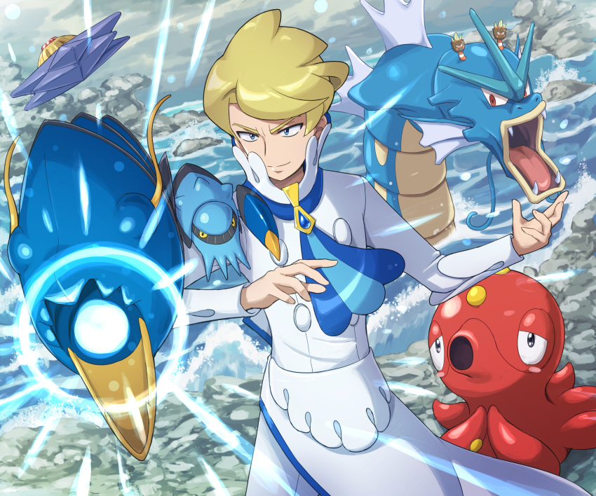 1boy absurdres ascot binacle blonde_hair blue_ascot blue_eyes chef clawitzer closed_mouth cloud collar fangs gyarados highres long_sleeves looking_at_viewer male_focus ocean octillery on_shoulder pokemoa pokemon pokemon_(creature) pokemon_on_shoulder pokemon_xy rock shore siebold_(pokemon) sky smile starmie water white_sleeves