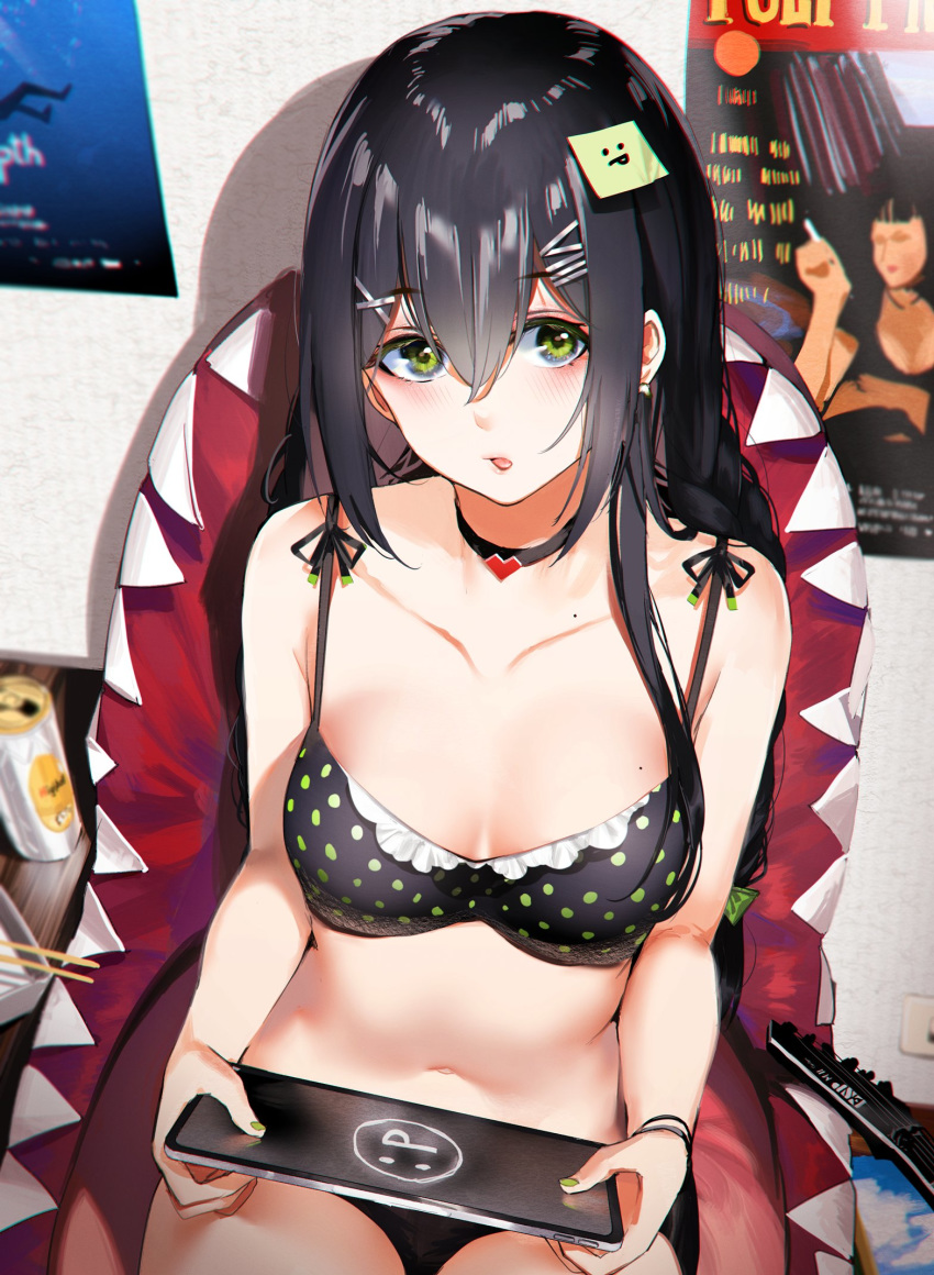 bare_arms bare_shoulders black_bra black_choker black_hair black_panties bra breasts chair choker collarbone female green_eyes hair_ornament hairclip heart highres holding ipad long_hair looking_at_viewer medium_breasts mole mole_on_breast nail_polish navel original orihi_chihiro panties polka_dot poster_(object) sitting solo sticky_note stomach tablet_pc tongue tongue_out underwear underwear_only x_hair_ornament