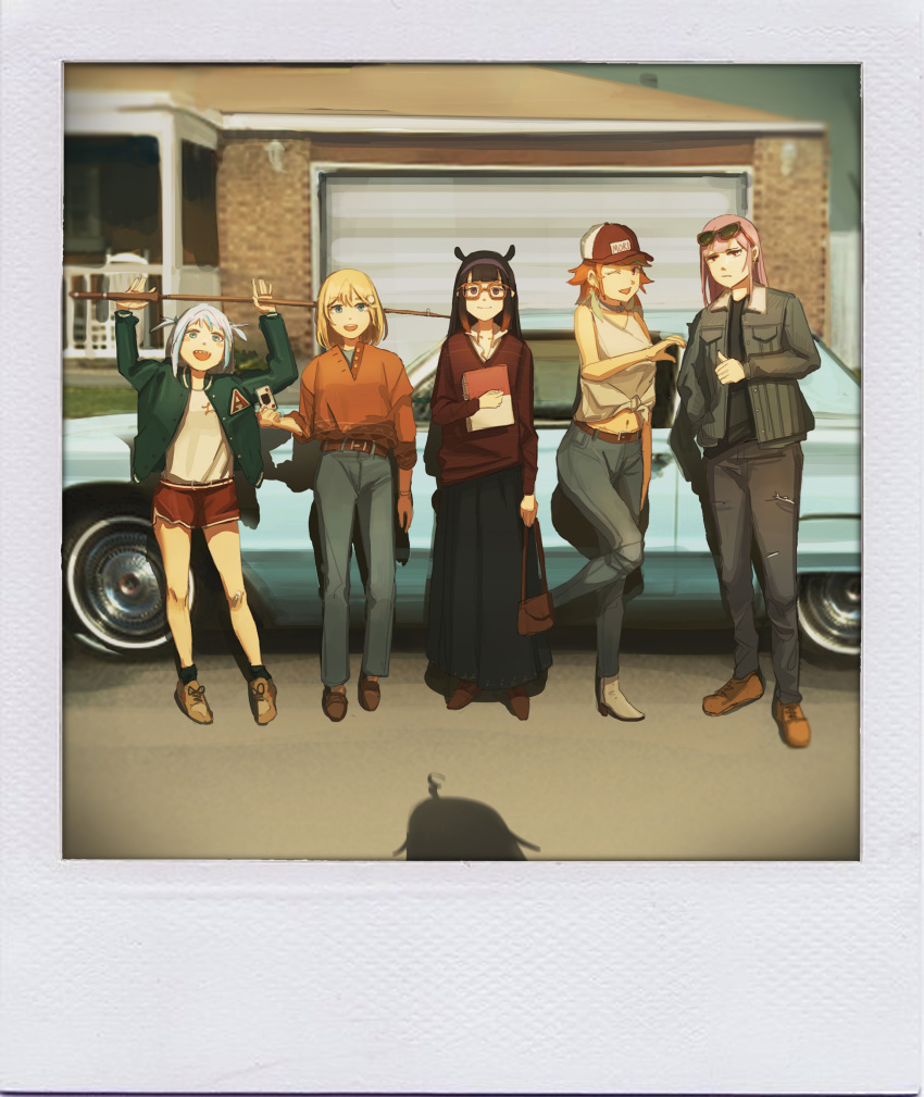 5girls absurdres alternate_costume arms_up bag baseball_cap bespectacled black_hair black_skirt blonde_hair blue_eyes blue_hair blunt_bangs blush book car casual collarbone commentary denim earrings english_commentary enma-chan eyewear_on_head faux_photograph feather_earrings feathers fishing_rod gawr_gura glasses gradient_hair green_hair grey_hair group_picture handbag hat heart_hands_failure highres holding holding_book holding_fishing_rod hololive hololive_english holomyth jeans jewelry leg_up lineup long_skirt mori_calliope motor_vehicle multicolored_hair multiple_girls navel ninomae_ina'nis one_eye_closed open_mouth orange_hair pants pink_hair pointy_ears polaroid red_eyes red_sweater shadow shirt skirt smile standing standing_on_one_leg streaked_hair sunglasses sweater takanashi_kiara tentacle_hair thumbs_up tied_shirt vincent_wu virtual_youtuber watson_amelia white_shirt