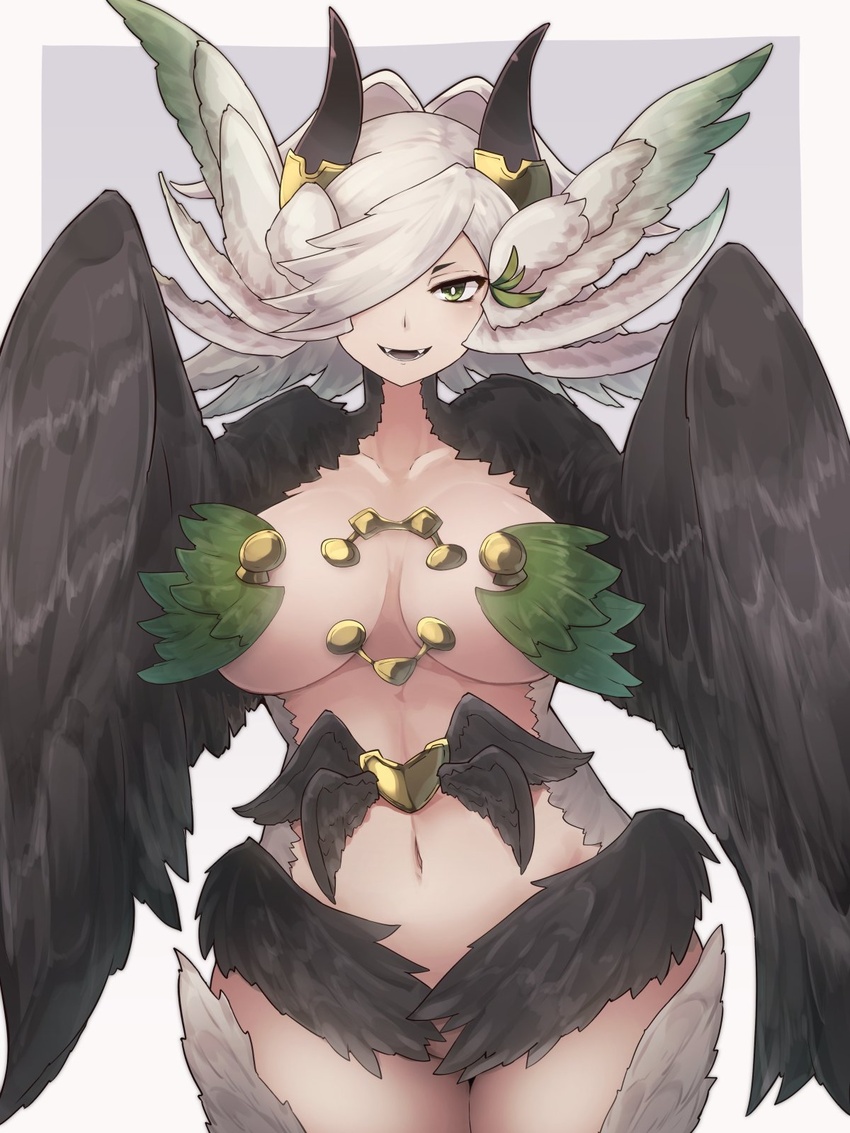 :d black_feathers black_wings breasts collarbone commentary_request cowboy_shot elil_(granblue_fantasy) fangs feathered_wings feathers female granblue_fantasy green_eyes green_feathers hair_over_one_eye harpy head_wings highres horns large_breasts long_hair looking_at_viewer medium_hair monster_girl navel one_eye_covered open_mouth simple_background smile solo thick_thighs thighs white_background white_hair winged_arms wings yonaga_san