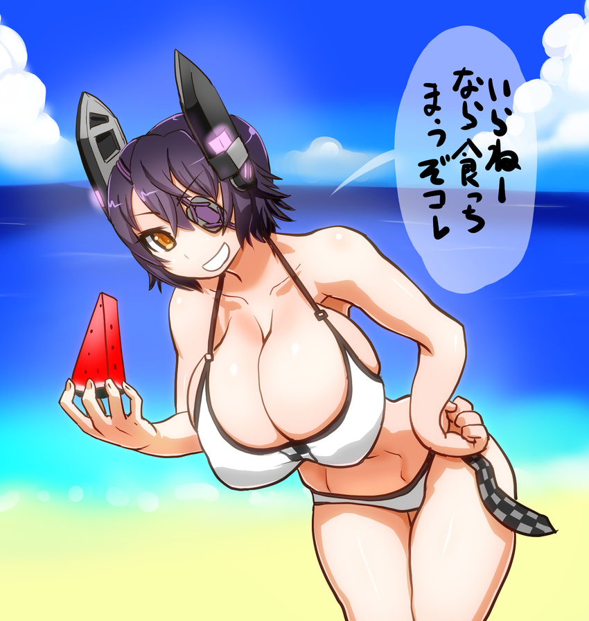 bikini black_hair breasts commentary_request eyepatch female food fruit headgear highres histamine_c huge_breasts kantai_collection short_hair solo swimsuit tenryuu_(kancolle) tenryuu_(swimsuit_mode)_(kancolle) translated watermelon yellow_eyes