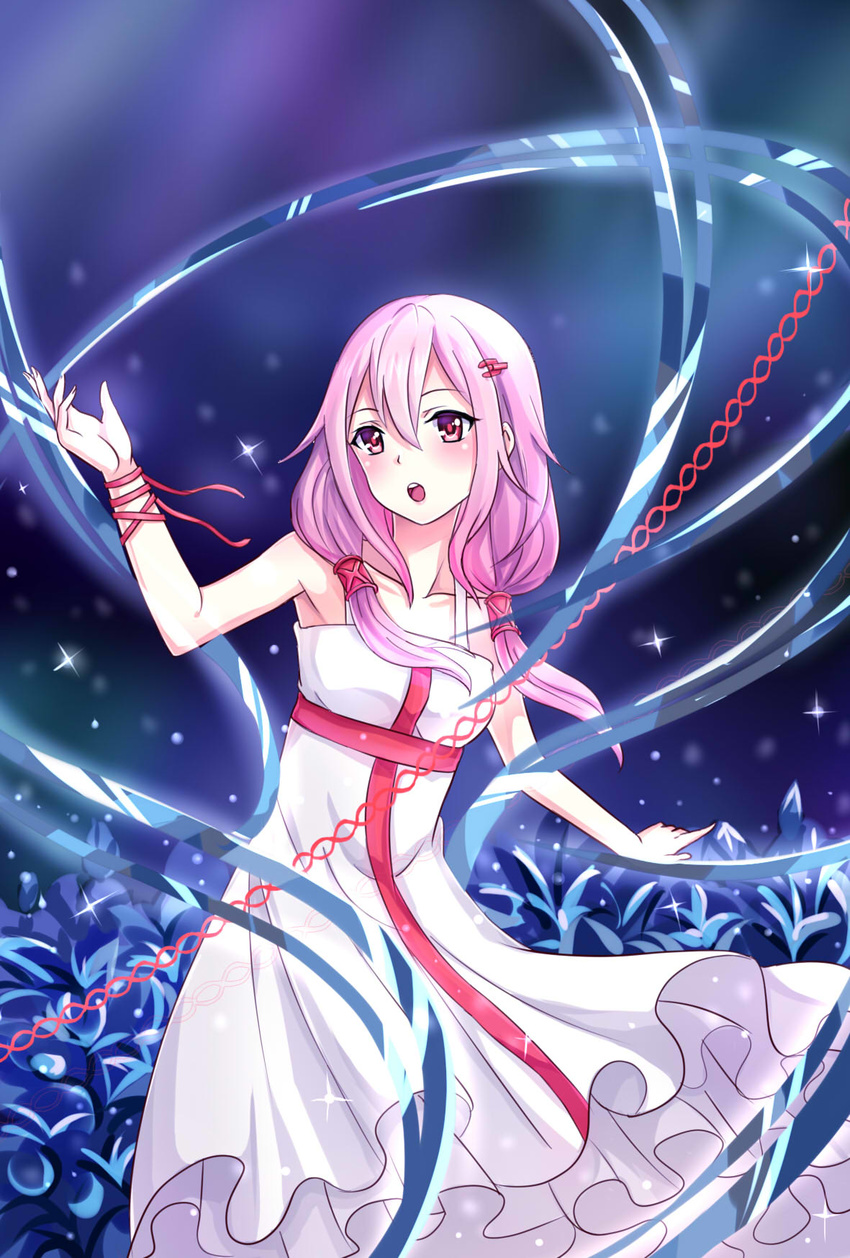 bare_shoulders commentary_request double_helix dress female guilty_crown hair_ornament hairclip highres long_hair open_mouth pink_hair red_eyes solo twintails w-verne yuzuriha_inori