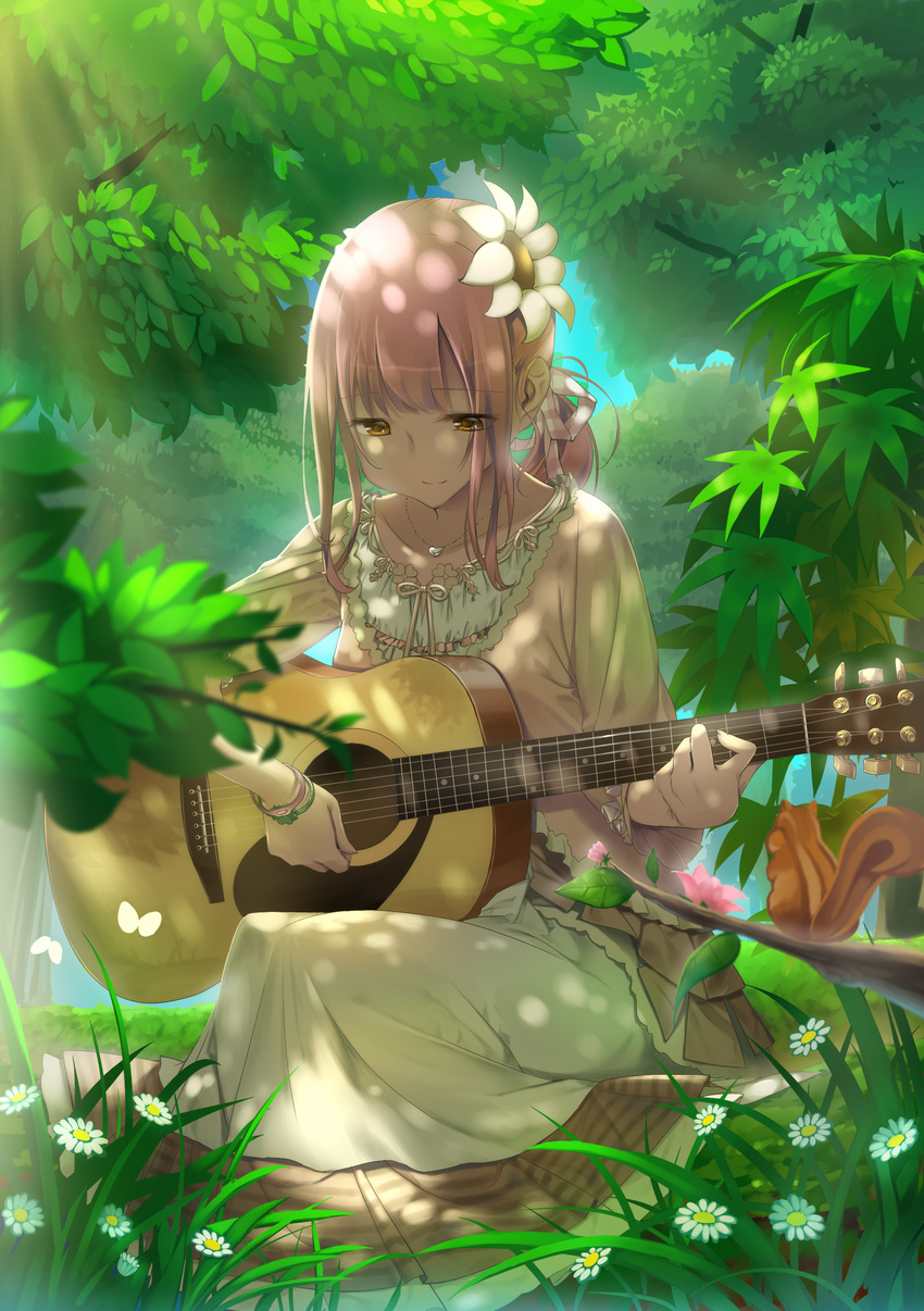 absurdres acoustic_guitar bad_hands chipmunk commentary_request dappled_sunlight female flower grass guitar hair_flower hair_ornament highres instrument jewelry long_hair mori_girl nature original pendant photoshop_(medium) pink_hair ponytail sakuraop sitting skirt smile solo squirrel sunlight tree