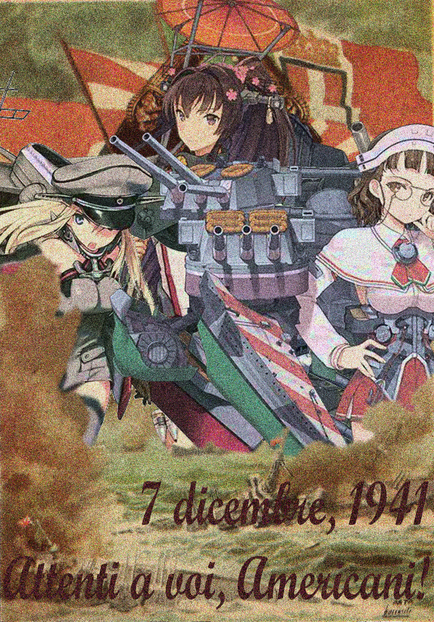 3girls aircraft airplane anachronism bismarck_(kancolle) black_hair cj_spencer commentary_request flag highres italian_flag italian_kingdom_flag italian_text japanese_clothes kantai_collection military multiple_girls parody pearl_harbor propaganda rising_sun_flag roma_(kancolle) self-upload sunburst translated world_war_ii yamato_(kancolle)