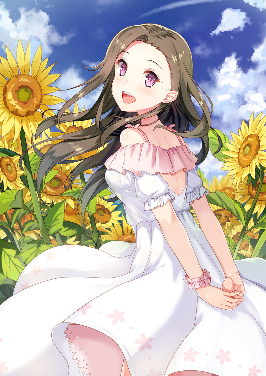 :d arms_behind_back blue_sky brown_hair circle_skirt cloud cloudy_sky commentary_request cowboy_shot day dress female floating_hair flower frilled_sleeves frills from_side highres ldfe_mk2 long_dress long_hair looking_at_viewer looking_back open_mouth original outdoors photoshop_(medium) pink_eyes short_sleeves sky smile solo standing sundress sunflower white_dress wrist_cuffs yellow_flower