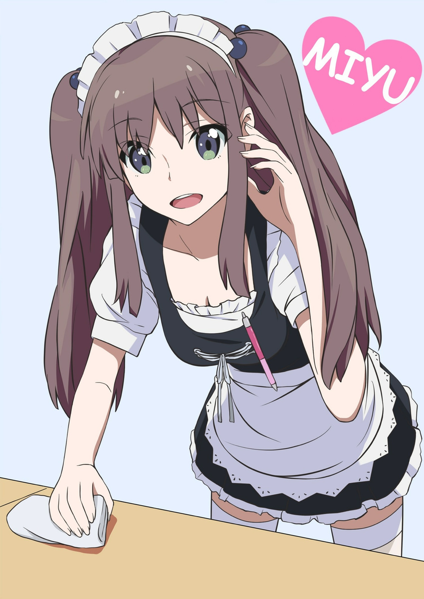 apron brown_hair commentary_request female green_eyes hair_bobbles hair_ornament heart highres long_hair looking_at_viewer maid maid_headdress okamoto_miyu open_mouth pen solo suemizu_yuzuki thighhighs twintails waist_apron wake_up_girls! zettai_ryouiki