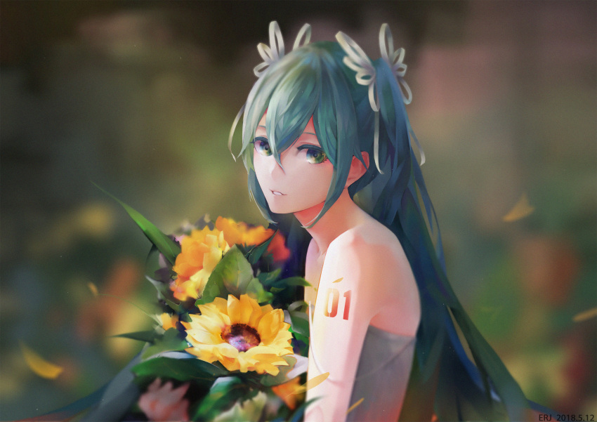 aqua_eyes aqua_hair bad_id bad_pixiv_id bare_shoulders blurry blurry_background bouquet commentary_request erjian female flower hair_between_eyes hair_ribbon hatsune_miku highres holding holding_bouquet long_hair looking_at_viewer number_tattoo petals photoshop_(medium) pink_ribbon ribbon solo tattoo twintails vocaloid