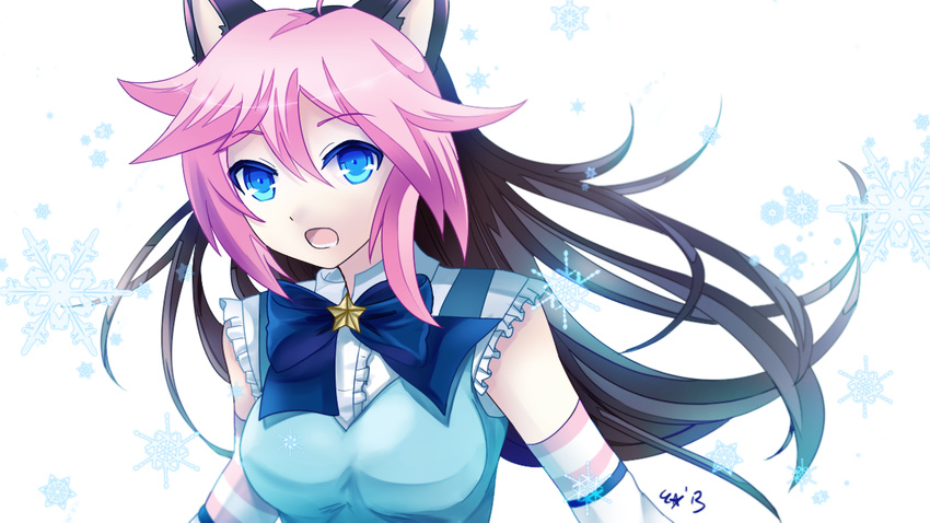 animal_ears black_hair blue_eyes cat_ears felicia-val female female hoshine_stella long_hair multicolored_hair open_mouth pink_hair simple_background snowflakes solo star upper_body utau