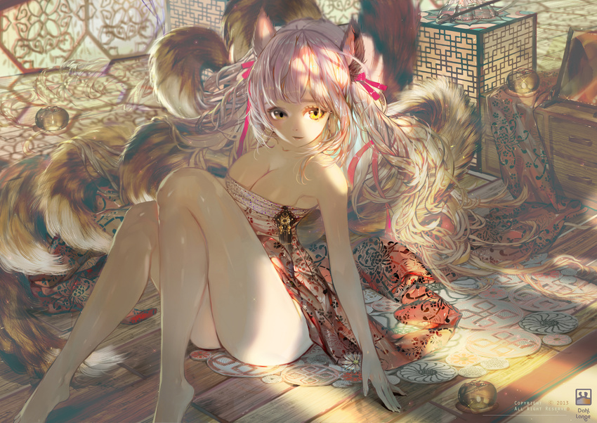 ahri_(league_of_legends) animal_ears arm_support artist_name bare_legs bare_shoulders barefoot breasts cleavage commentary_request crab_d dress female fingernails fox_ears fox_tail hair_ribbon highres league_of_legends long_fingernails long_hair medium_breasts multiple_tails no_panties parted_lips partial_commentary photoshop_(medium) pink_hair revision ribbon solo strapless strapless_dress sunlight tail twintails yellow_eyes