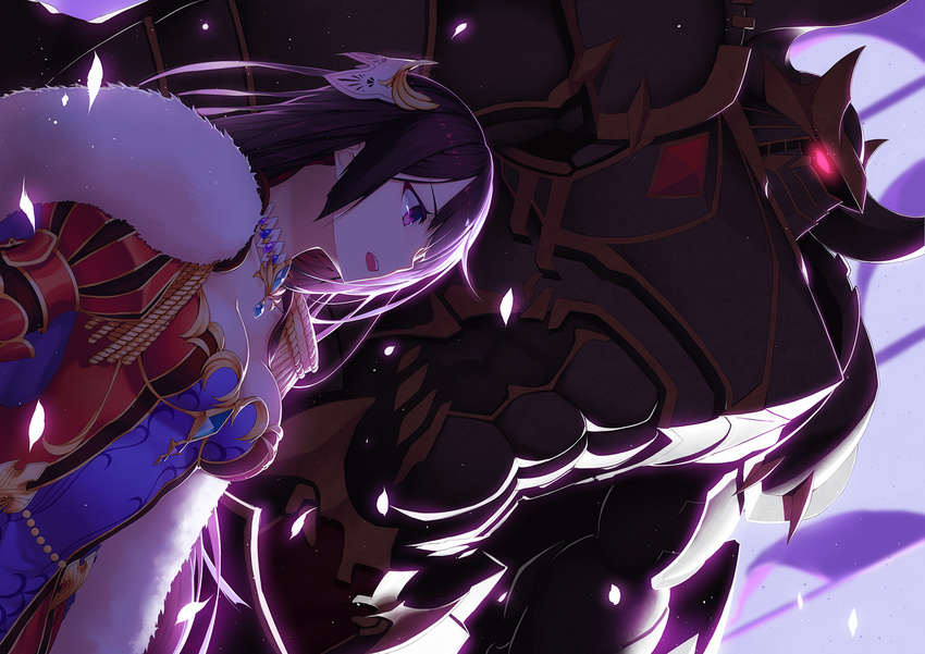 bad_id bad_pixiv_id black_hair breasts cleavage collarbone dutch_angle female from_side fur_trim highres karen_(shironeko_project) large_breasts long_hair looking_away neko7 open_mouth parted_lips photoshop_(medium) puff_and_slash_sleeves puffy_sleeves purple_eyes shironeko_project standing