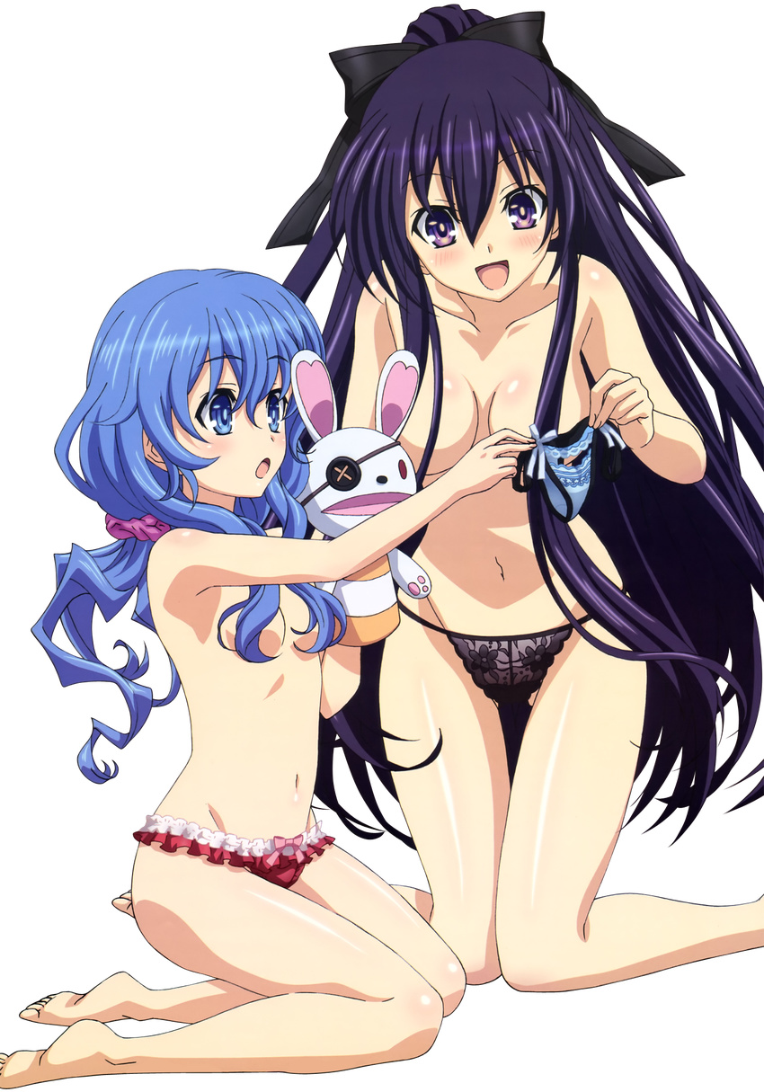 2girls :d :o artist_request barefoot black_panties blue_eyes blue_hair bow bow_panties check_artist date_a_live extraction hair_censor hand_puppet highres holding holding_clothes holding_panties holding_underwear kneeling legs lingerie long_hair long_legs mg_renders multiple_girls navel open_mouth panties puppet purple_eyes purple_hair red_panties side-tie_panties smile topless transparent_background underwear underwear_only very_long_hair yatogami_tooka yoshino_(date_a_live) yoshinon