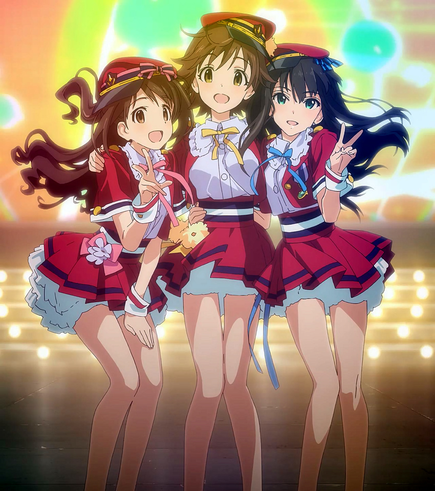 3girls :d absurdres bare_legs brown_eyes brown_hair dekitate_evo!_revo!_generation!_(idolmaster) girl_sandwich green_eyes hand_on_another's_hip hat highres honda_mio idolmaster idolmaster_cinderella_girls legs long_hair multiple_girls new_generations_(idolmaster) open_mouth sandwiched shibuya_rin shimamura_uzuki short_hair smile stitched third-party_edit v