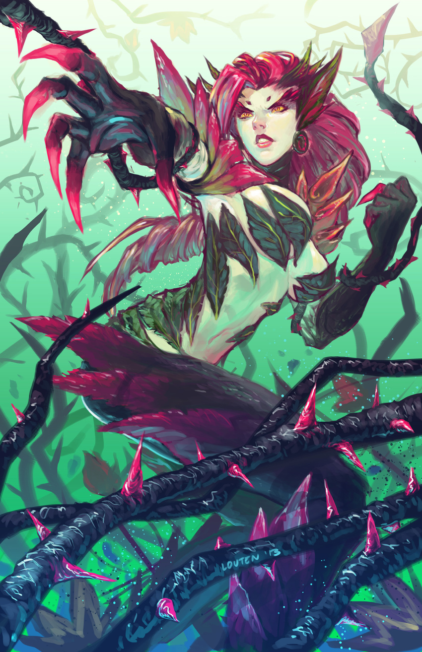 breasts female highres large_breasts league_of_legends long_hair louten monster_girl non-web_source photoshop_(medium) plant red_hair self-upload thorns vines yellow_eyes zyra