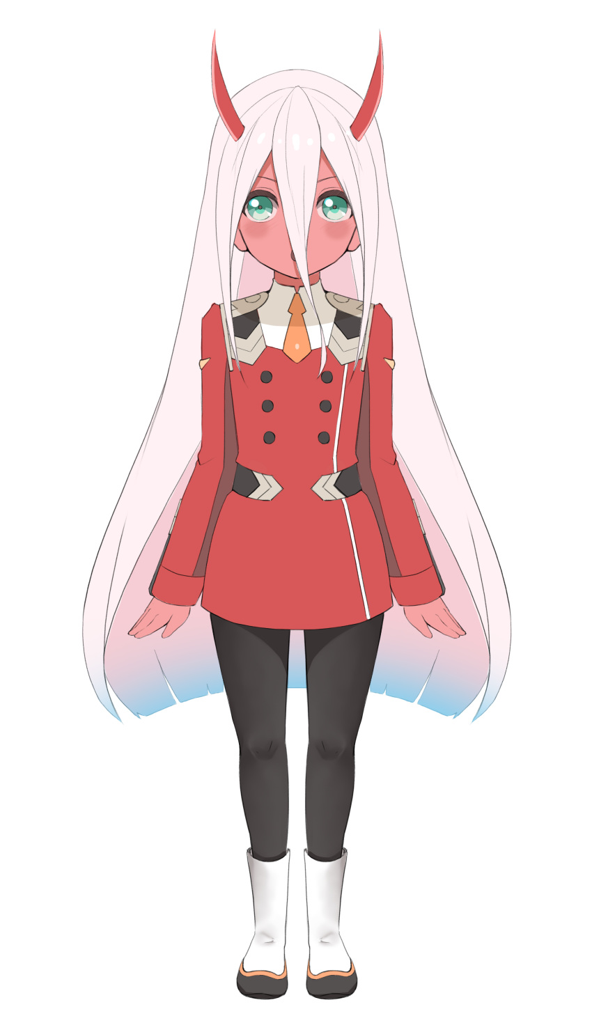 absurdres aged_down alternate_costume aqua_eyes bad_id bad_pixiv_id black_pantyhose boots colored_skin commentary_request darling_in_the_franxx erjian female flat_chest full_body hair_between_eyes highres horns long_hair necktie oni_horns open_mouth orange_necktie pantyhose photoshop_(medium) red_horns red_skin short_necktie silver_hair simple_background solo spoilers standing uniform very_long_hair white_background zero_two_(darling_in_the_franxx)