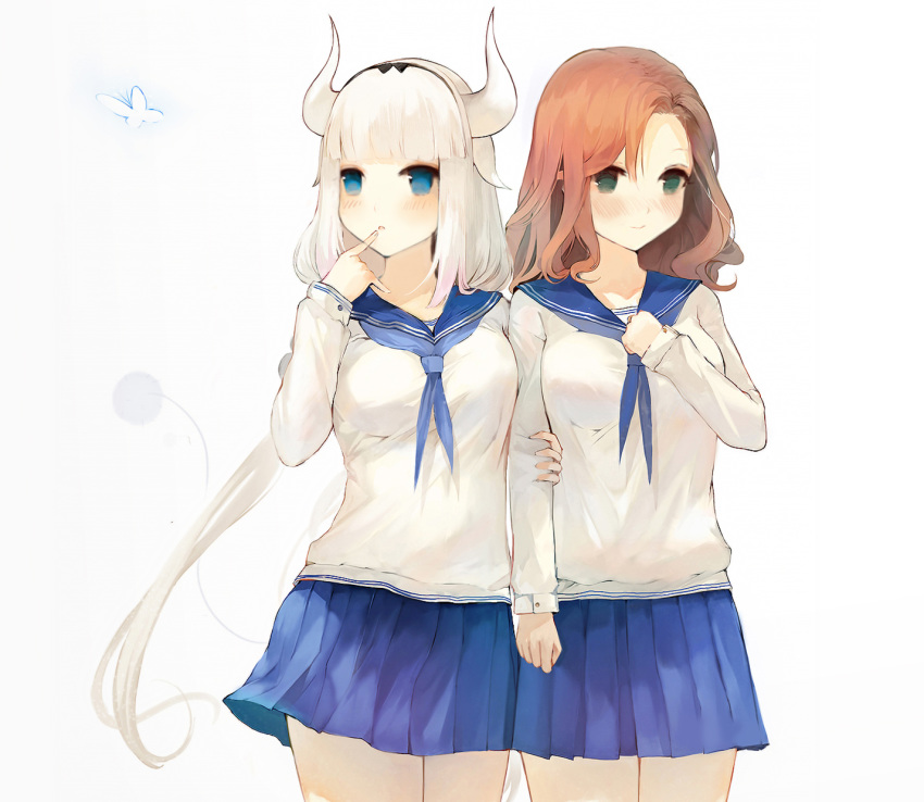 2girls aged_up blue_eyes blue_skirt blush breasts brown_hair chinese_commentary clenched_hand closed_mouth commentary_request dragon_horns finger_to_mouth green_eyes highres horns kanna_kamui kobayashi-san_chi_no_maidragon long_hair long_sleeves low_twintails medium_breasts muike multiple_girls neckerchief parted_lips photoshop_(medium) pleated_skirt saikawa_riko school_uniform serafuku shirt skirt smile tail twintails very_long_hair white_background white_hair white_shirt