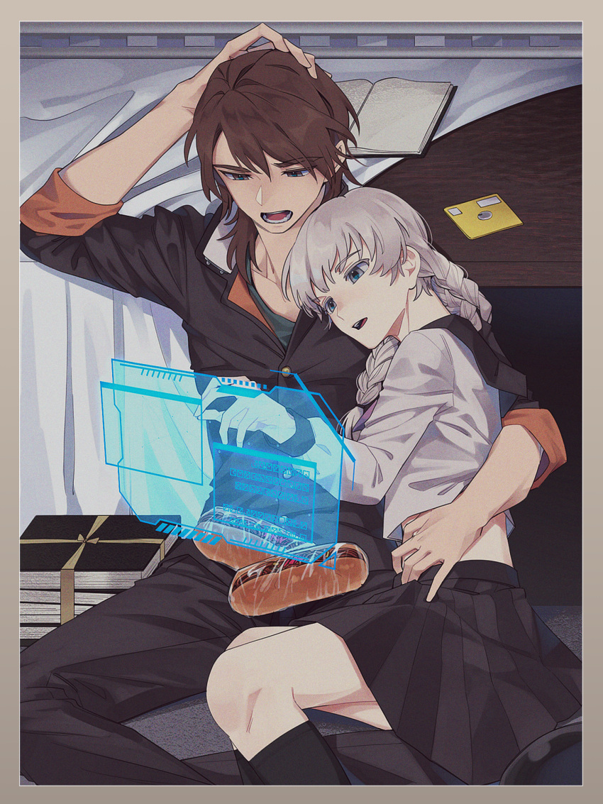 2boys arm_around_waist arm_behind_head book braid brown_hair commentary_request crossdressing elulit2 food gakuran grey_eyes grey_hair grey_serafuku highres hijiyama_takatoshi indoors juusan_kihei_bouei_ken kneehighs long_hair long_sleeves looking_down male_focus multiple_boys okino_tsukasa open_book open_mouth otoko_no_ko pleated_skirt sailor_collar school_uniform science_fiction serafuku short_hair sitting sitting_on_lap sitting_on_person skirt smile socks twin_braids twintails wig yakisoba yakisobapan yaoi