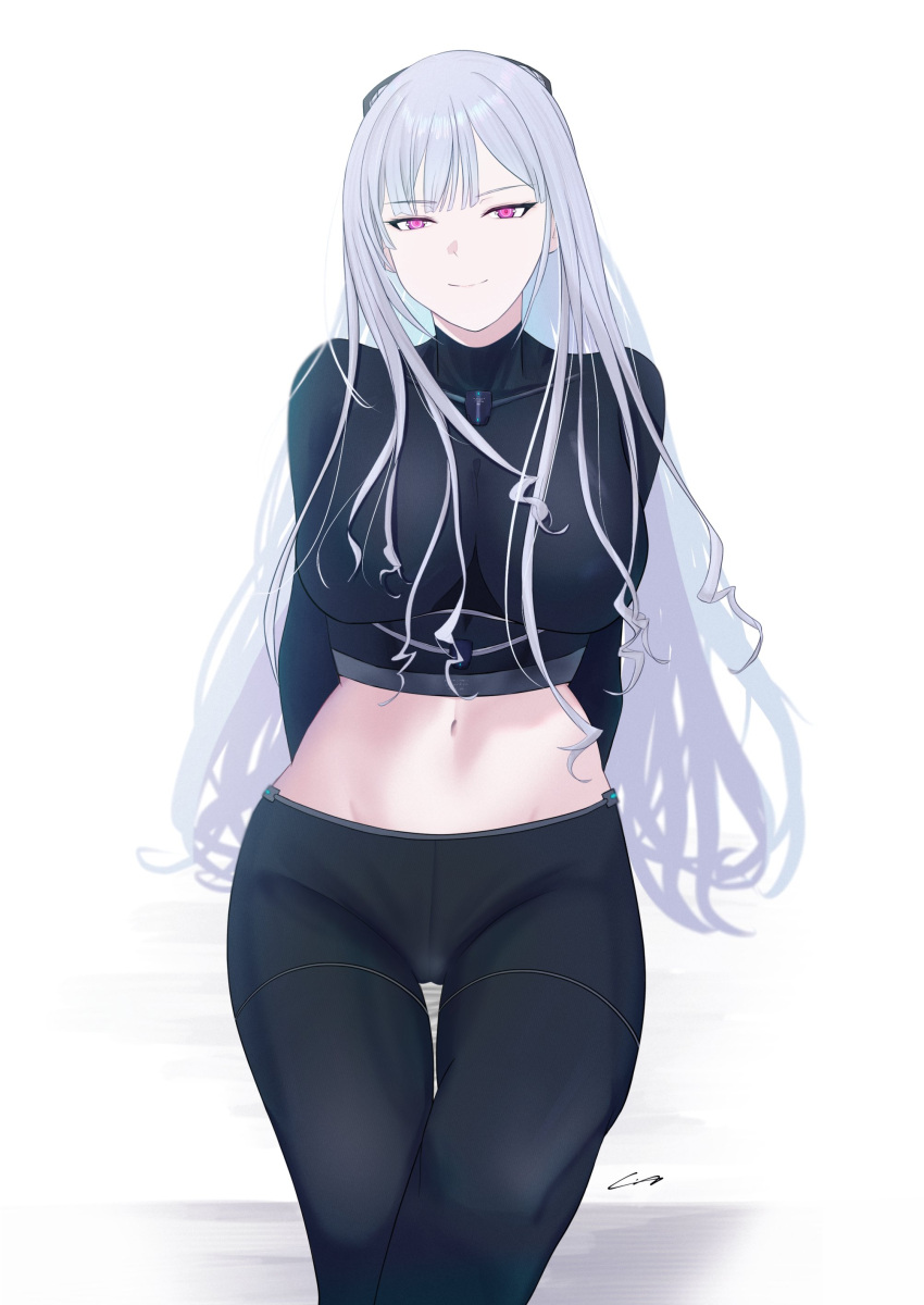 absurdres ak-12_(girls'_frontline) arms_behind_back black_pants box breasts closed_mouth cowboy_shot crop_top female gincho girls'_frontline grey_hair highres large_breasts long_hair looking_at_viewer midriff navel pants simple_background smile solo straight-on thigh_gap white_background