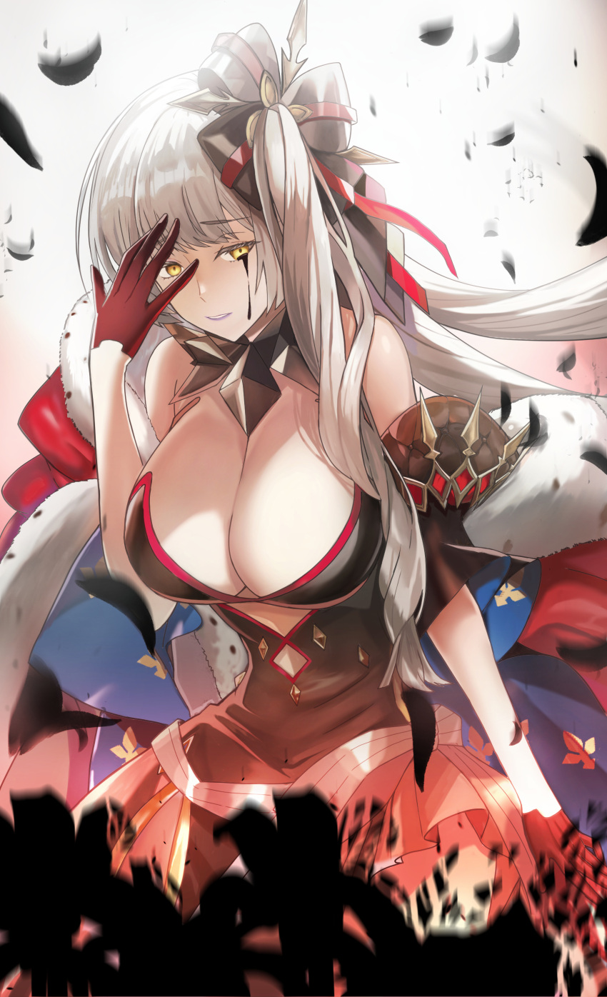 absurdres bare_shoulders black_dress black_gloves breasts cleavage cloak detached_collar dress fate/grand_order fate_(series) female fur-trimmed_cloak fur_trim gloves hair_ornament half_gloves highres kaji_zarame large_breasts long_hair looking_at_viewer marie_antoinette_(alter)_(fate) marie_antoinette_(alter)_(third_ascension)_(fate) marie_antoinette_(fate) off_shoulder red_cloak revision side_ponytail solo very_long_hair white_hair yellow_eyes