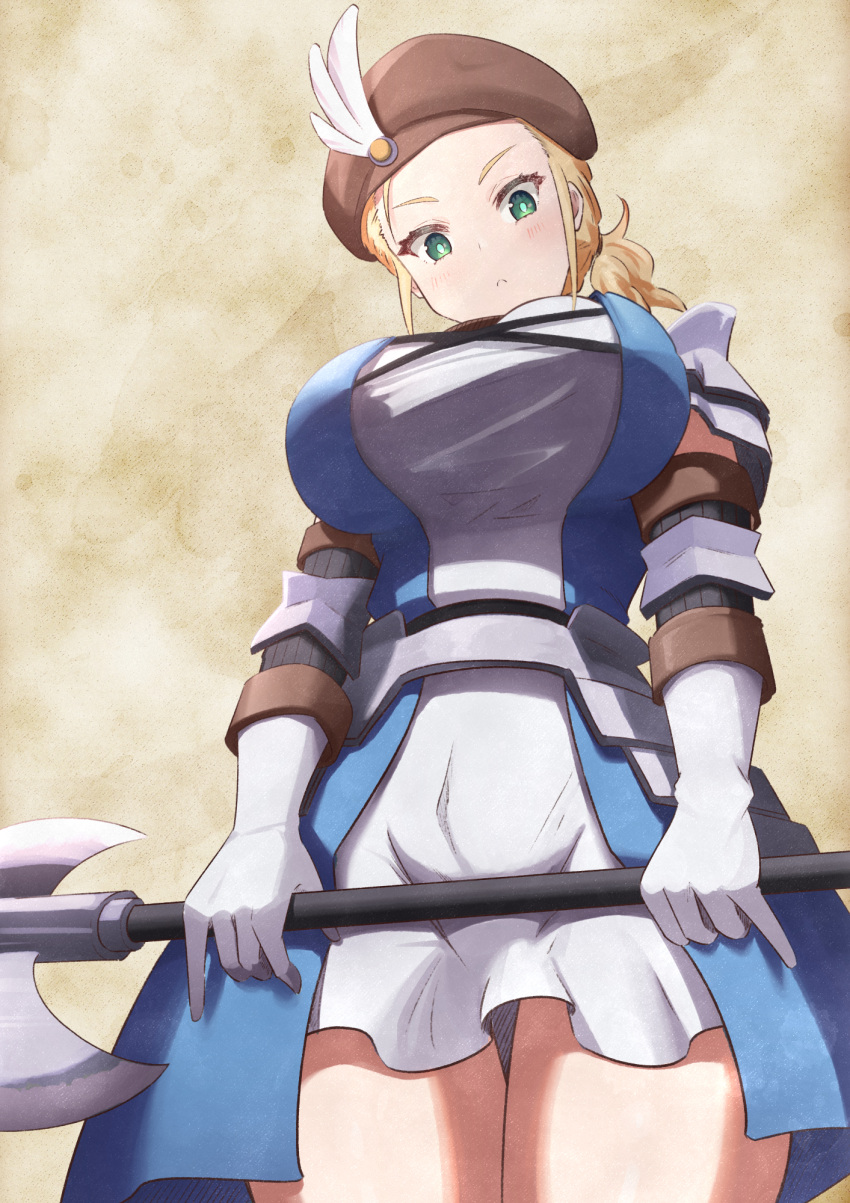 :< armor armored_dress beret blonde_hair blush breasts brown_hat closed_mouth commentary_request dress fantasy female forehead from_below gloves green_eyes gryphon_knight halberd hat hat_feather highres holding holding_weapon large_breasts looking_at_viewer looking_down medium_hair polearm scopedog_12 shoulder_armor simple_background solo standing thighs unicorn_overlord weapon white_dress white_gloves