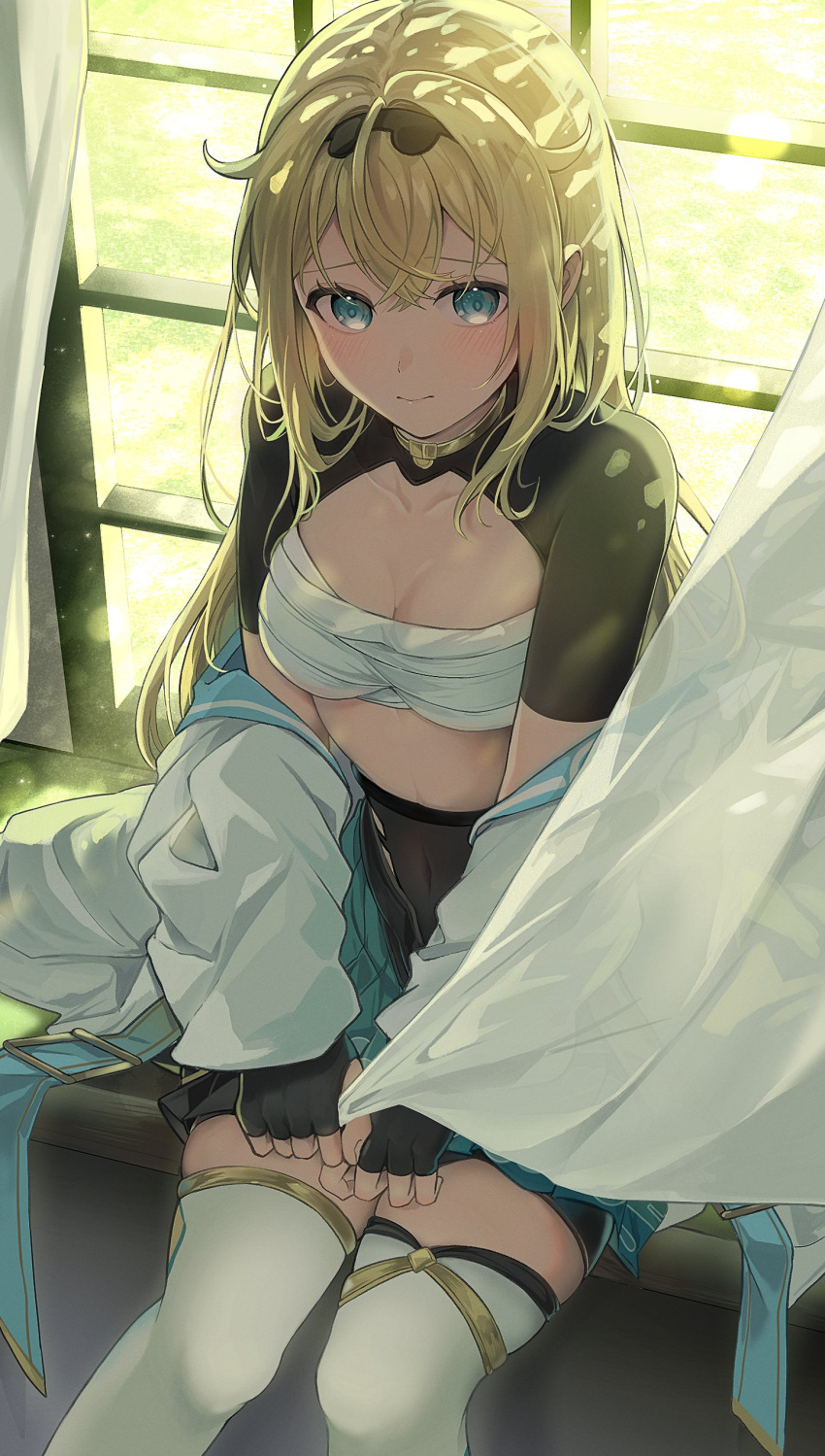 absurdres black_gloves black_shrug blonde_hair blue_eyes blush breasts chest_sarashi curtains female fingerless_gloves gloves green_skirt hair_between_eyes hairband haori high-waist_shorts highres hololive holox japanese_clothes kakeru_(kakekaker001) kazama_iroha kazama_iroha_(1st_costume) long_hair open_clothes sarashi shorts shrug_(clothing) sitting skirt solo thighhighs virtual_youtuber yellow_haori zettai_ryouiki