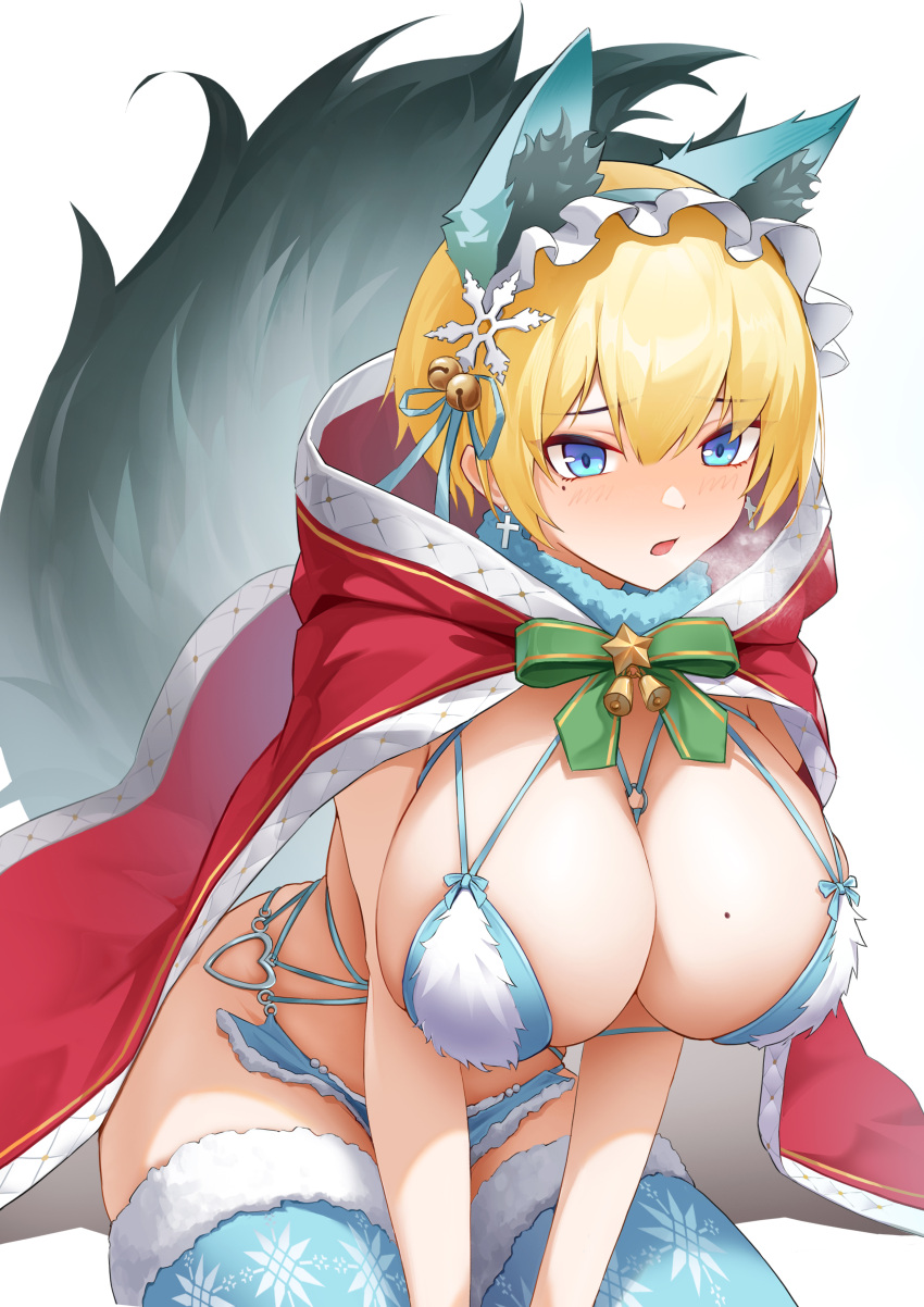 absurdres animal_ears aqua_bikini aqua_thighhighs bell bikini blonde_hair blue_eyes breasts female fur_trim girls'_frontline highres hood hood_down large_breasts lord-erica mole mole_on_breast mole_under_eye official_alternate_costume short_hair solo swimsuit tail thighhighs vsk-94_(christmas_eve_detective)_(girls'_frontline) vsk-94_(girls'_frontline)