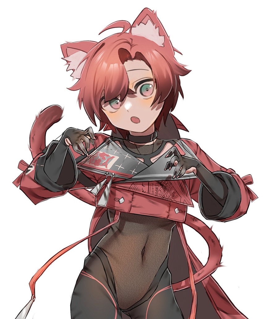 1boy ahoge amain_dudu animal_ear_fluff animal_ears black_choker black_gloves blush cat_boy cat_ears cat_tail choker claw_pose covered_navel cropped_jacket gloves hair_between_eyes highres holostars holostars_english jacket looking_at_viewer machina_x_flayon machina_x_flayon_(1st_costume) male_focus oerba_yun_fang open_mouth red_eyes red_hair red_jacket revealing_clothes short_hair solo standing strap tail tight_clothes upper_body virtual_youtuber white_background