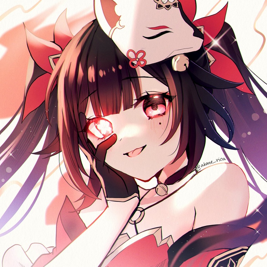 :d annerica bare_shoulders bell black_choker black_gloves blush bow brown_hair choker criss-cross_halter dress female flower-shaped_pupils fox_mask gloves glowing glowing_eye hairbow halterneck hand_on_own_cheek hand_on_own_face heart highres honkai:_star_rail honkai_(series) long_bangs long_hair looking_at_viewer mask mask_on_head neck_bell o-ring open_mouth pink_eyes portrait red_bow red_dress sidelocks sleeveless sleeveless_dress smile solo sparkle_(honkai:_star_rail) symbol-shaped_pupils tongue tongue_out twintails twitter_username