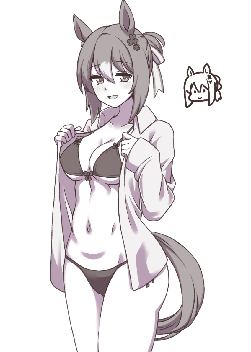 absurdres animal_ears bikini blush breasts cleavage collarbone commentary_request female fine_motion_(umamusume) hakutaqanta highres horse_ears horse_girl horse_tail looking_at_viewer medium_breasts medium_hair monochrome navel open_mouth solo swimsuit tail umamusume