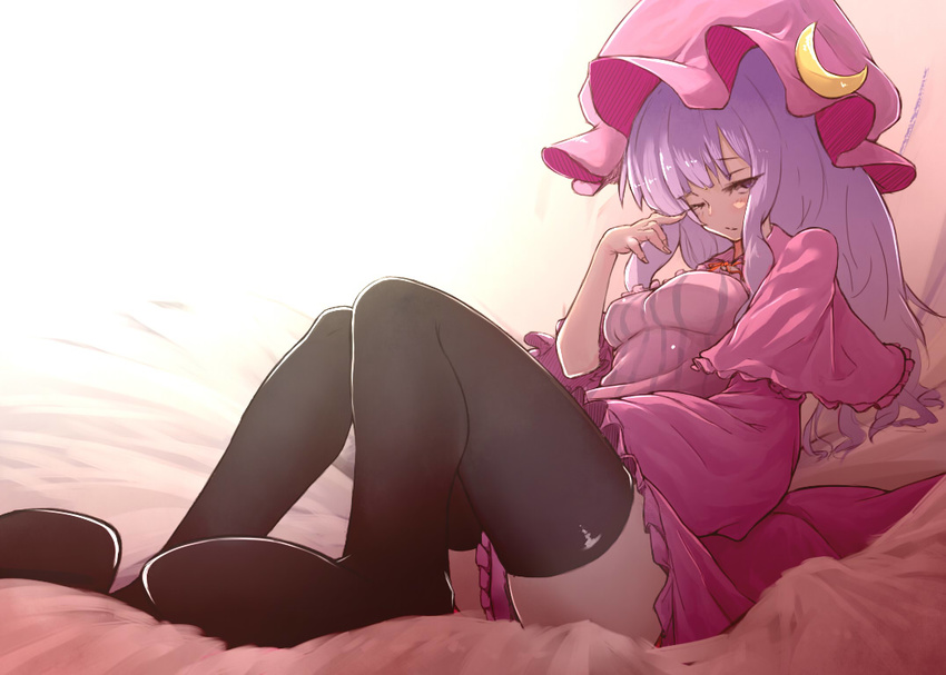 black_thighhighs capelet commentary crescent crescent_hat_ornament dress female hat hat_ornament long_hair long_sleeves looking_at_viewer mob_cap open_clothes patchouli_knowledge purple_eyes purple_hair sitting solo striped_clothes striped_dress thighhighs touhou watchi wide_sleeves zettai_ryouiki