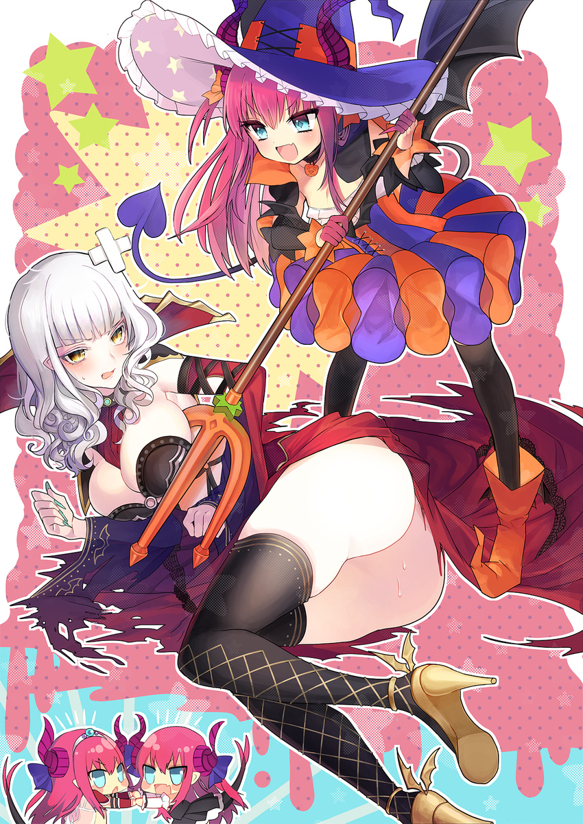 armor ass bikini_armor blue_eyes breasts carmilla_(fate/grand_order) cleavage curly_hair detached_sleeves dress elizabeth_bathory_(brave)_(fate) elizabeth_bathory_(halloween)_(fate) fate/extra_ccc fate/grand_order fate_(series) fingernails grey_hair hat horns lancer_(fate/extra_ccc) long_hair oerba_yun_fang open_mouth pink_hair see-through shoes star tail thighhighs torn_clothes weapon wings yellow_eyes