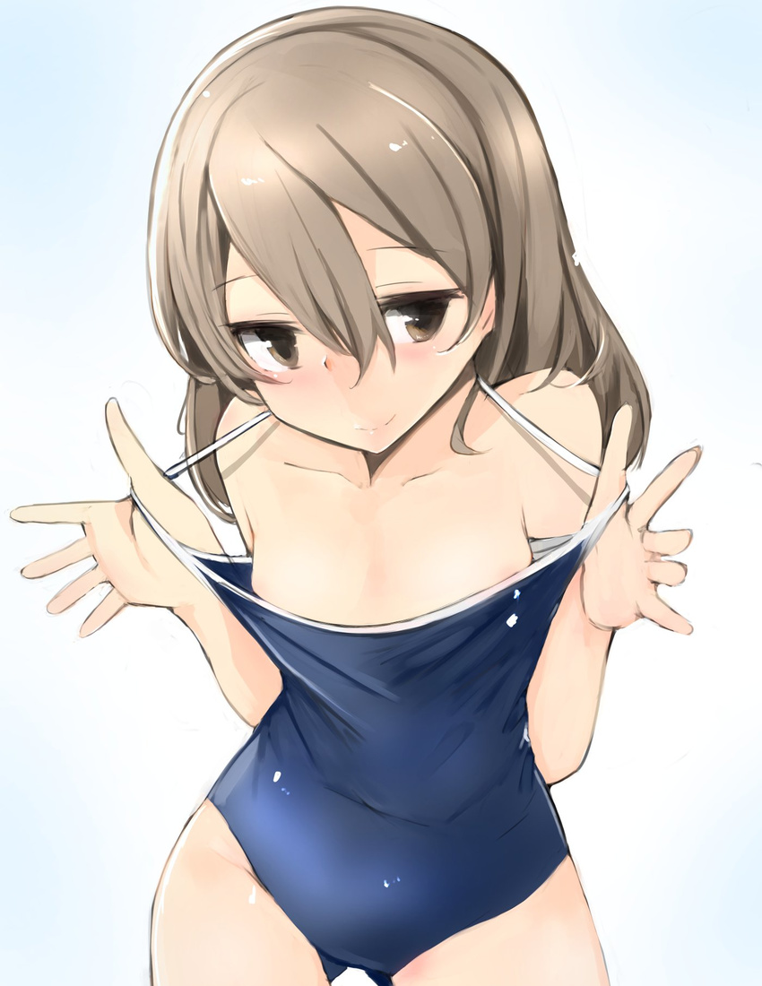 ass_visible_through_thighs bad_id bad_twitter_id breasts brown_eyes brown_hair clothes_pull competition_school_swimsuit female girls_und_panzer highres inactive_account long_hair muoto one-piece_swimsuit one-piece_swimsuit_pull pulling_own_clothes school_swimsuit shimada_arisu small_breasts smile solo swimsuit