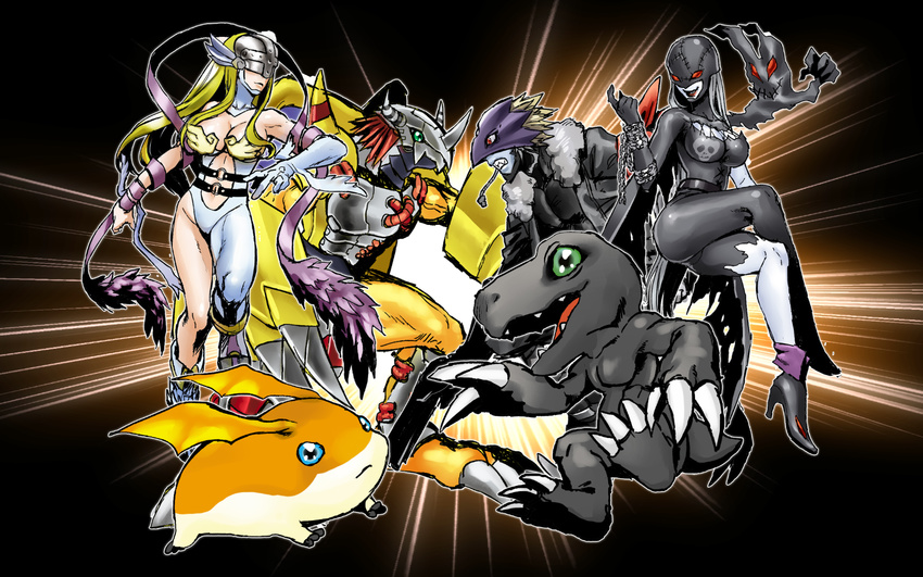 agumon_(black) angel angel_and_devil angewomon armor ass bandai beelzebumon blackagumon blonde_hair bodysuit boots breasts claws covered_eyes demon_girl devil digimon fangs female full_armor gradient gradient_background helmet ladydevimon legs long_hair male_focus monster multiple_boys multiple_girls multiple_wings patamon seven_great_demon_lords tail third_eye wargreymon white_hair winged_helmet wings