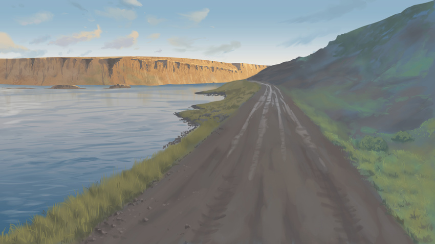 bad_id bad_pixiv_id blue_sky cliff cloud commentary day fateline_alpha grass highres hill iceland no_humans ocean original outdoors plant puddle road rock scenery shore sky water