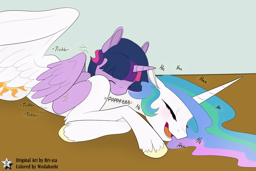 2015 3:2 absurd_res alicorn blowing blowing_on_neck blowing_raspberries bri-sta closed_eyes contact_onomatopoeia cutie_mark different_sound_effects duo equid equine feathered_wings feathers female friendship_is_magic fur hair hasbro hi_res horn laugh long_hair mammal multicolored_hair my_little_pony mythological_creature mythological_equine mythology onomatopoeia open_mouth princess_celestia_(mlp) purple_body purple_fur purple_hair raspberry_kiss sound_effects text tickle_(sound_effect) tickling twilight_sparkle_(mlp) two_tone_hair vowelless vowelless_sound_effect white_body white_fur wings wodahseht zerbert